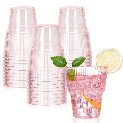 XUWAIDSGN 25 Pack Pink Plastic Ribbed Wine Glasses 14 oz Disposable Cocktail Martini Juice Coffee Drinking Tumblers Plastic Stackable Ripple Wedding Party Cups for Charcuterie Parties and Events