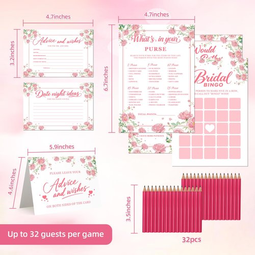 GAMSUNSTAR Bridal Shower Games-Heavy Cardstock,5 Fun Activities for 32 Guests, Includes Bingo,He Said She Said, Would She Rather,Whats in Your Purse,Advice and Wishes for The Mr and Mrs(Floral)