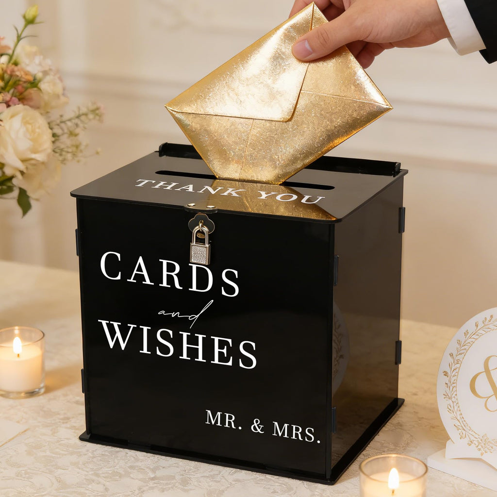 SOFARKKT Black Acrylic Card Box with Slot & Lock, DIY Large Wedding Card Boxes for Reception, Elegant Money Envelop Gift Cards Box for Party Wedding Birthday Baby Shower Graduation Table Decor