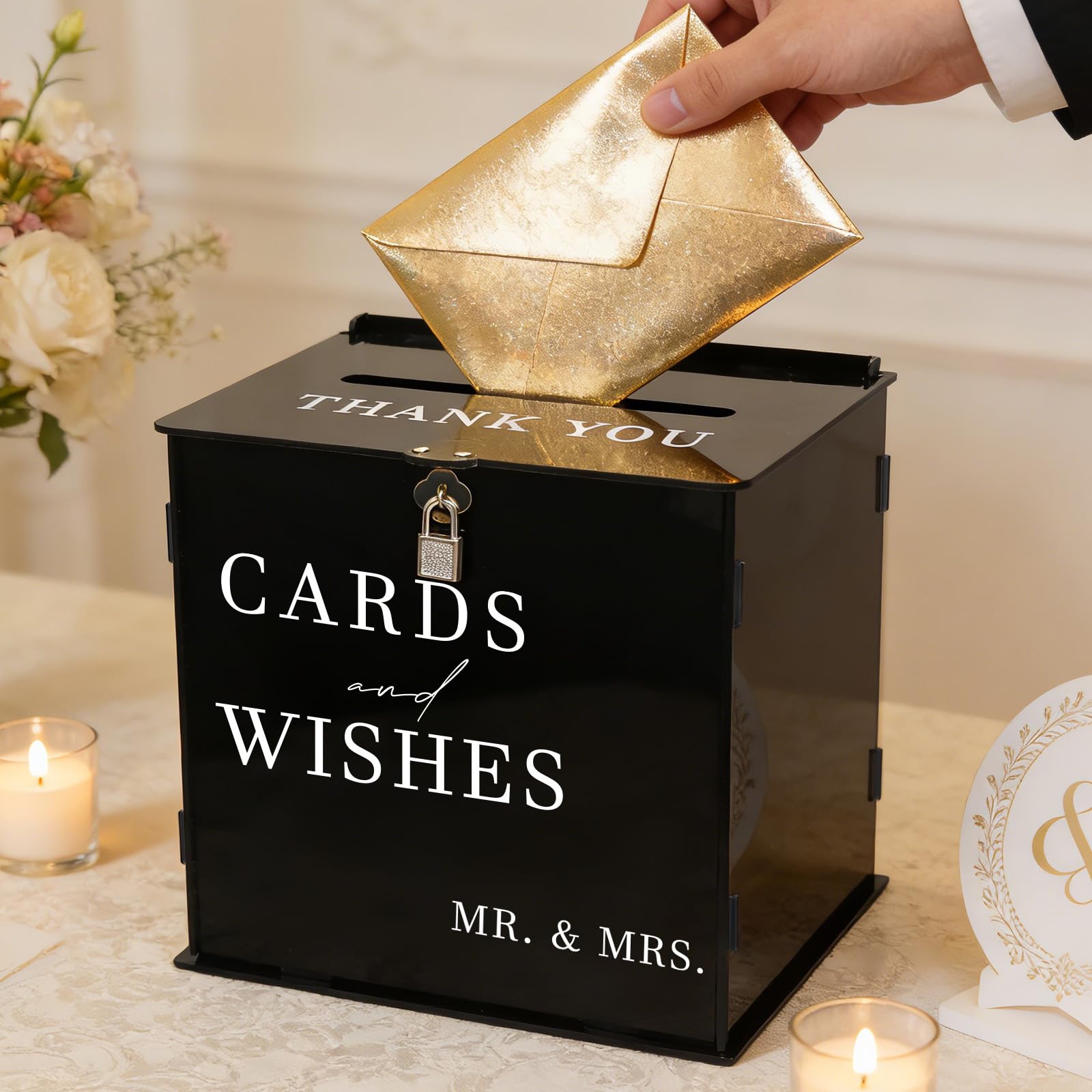 SOFARKKT Black Acrylic Card Box with Slot & Lock, DIY Large Wedding Card Boxes for Reception, Elegant Money Envelop Gift Cards Box for Party Wedding Birthday Baby Shower Graduation Table Decor