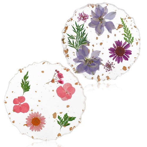 Dried Flower Coasters Set of 2, Non-Slip Decorative Floral Resin Coasters, Reusable Exquisite Flower Coaster for Coffee Table Desk Kitchen Bar Mugs(2 Style)