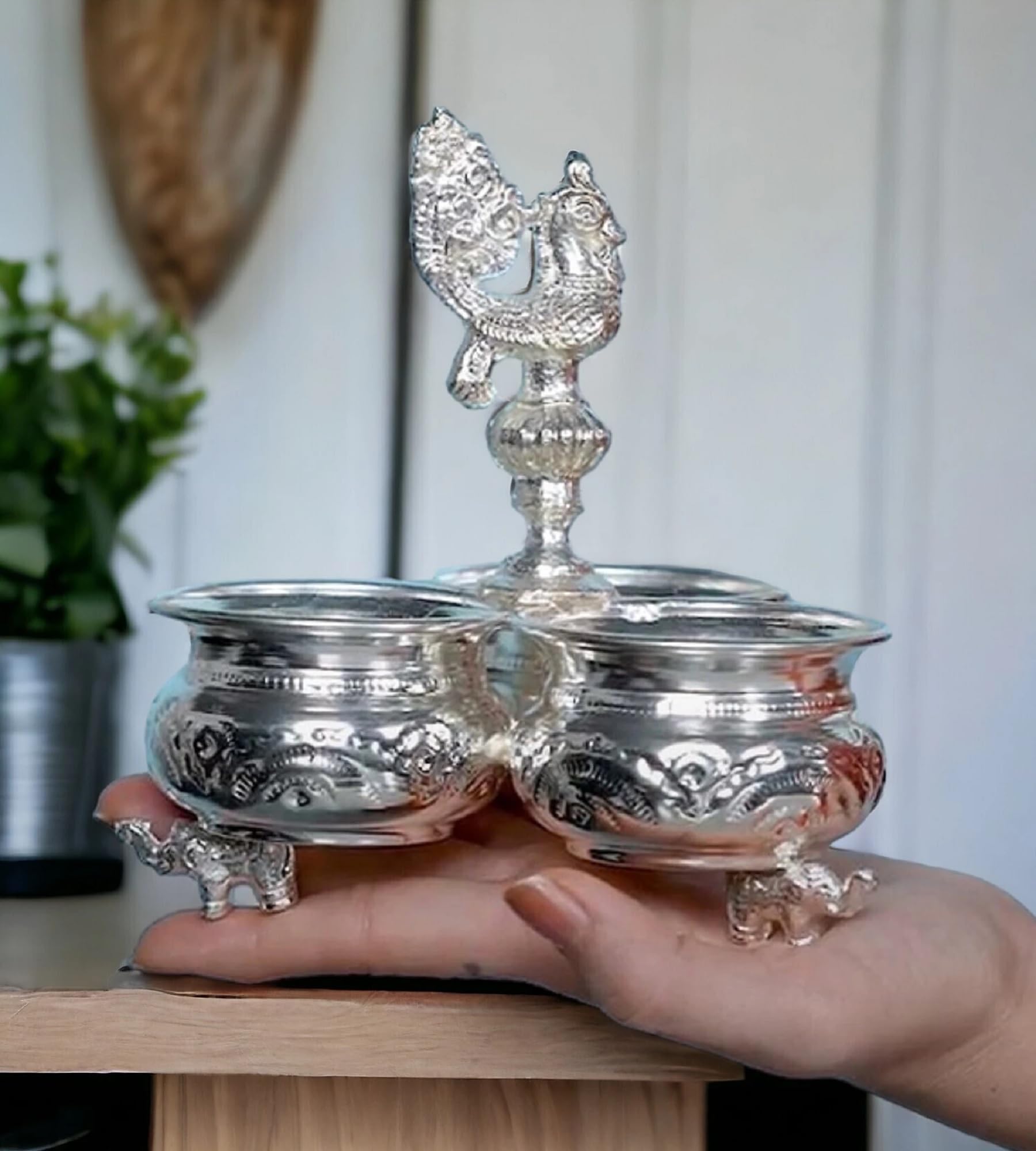 Sigaram German Silver 3 Cup Panchwala with Peacock Handle Kum Kum Holder for Home Temple Pooja Festival K4003