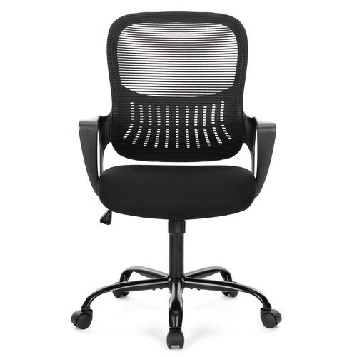 DUMOS Office Desk Chair - Ergonomic Mid Back with Lumbar Support & Rocking Mode, Height Adjustable with Fixed Armrest, Storage Back for Computer, Gaming, Conference, Meeting, 360° Swivel, Black
