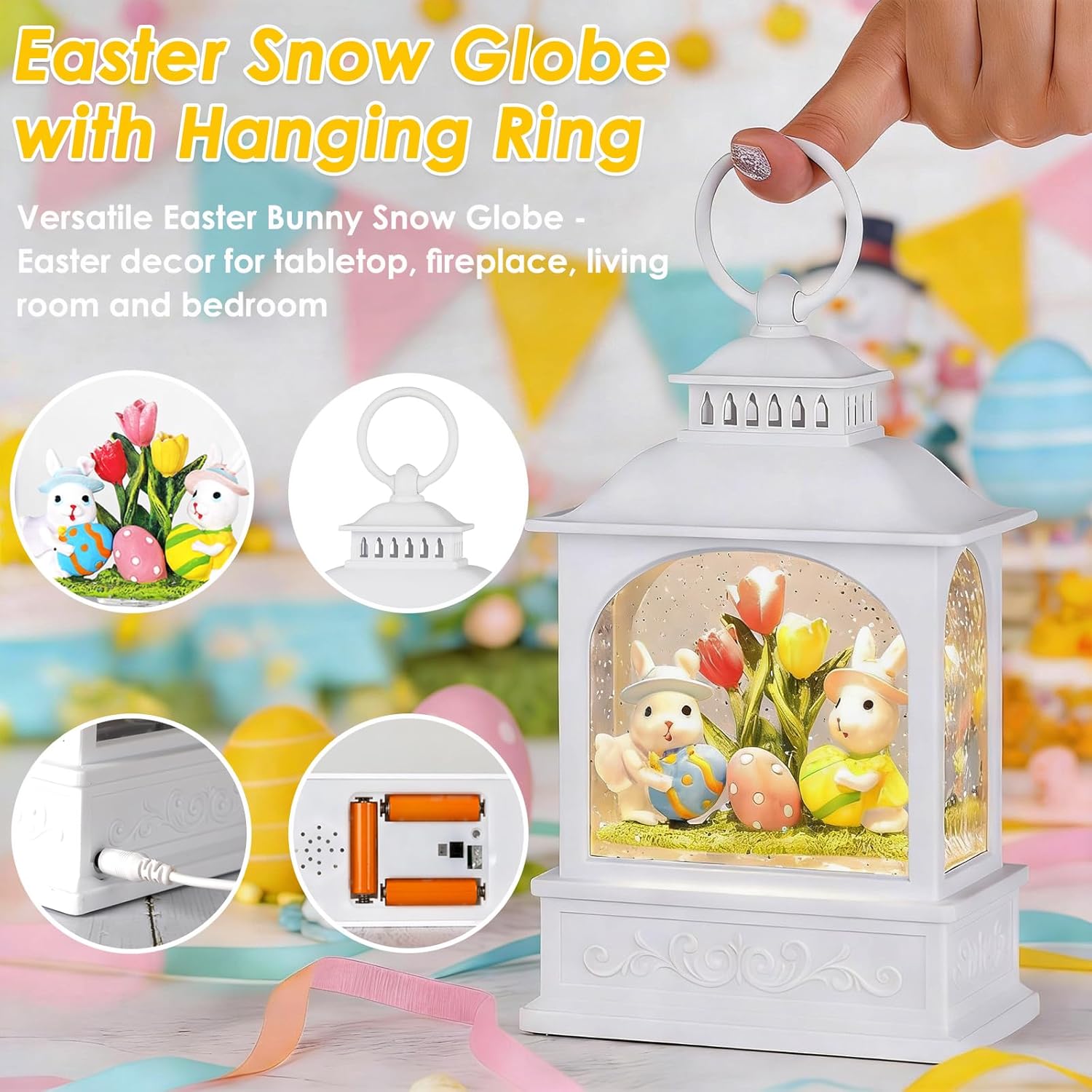 Skiennix Easter Bunny Snow Globe - Glitter Lantern with 6-Hour Timer for Spring Decor