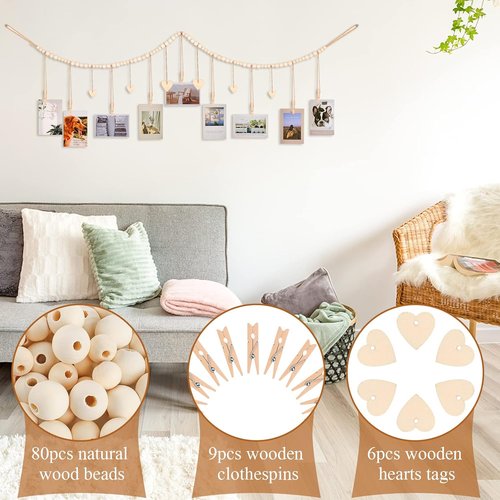 KLOGTSIND Hanging Photo Display - Boho Picture Frame Collage with 9 Wood Clips | Perfect for Office or Kids' Art Decor