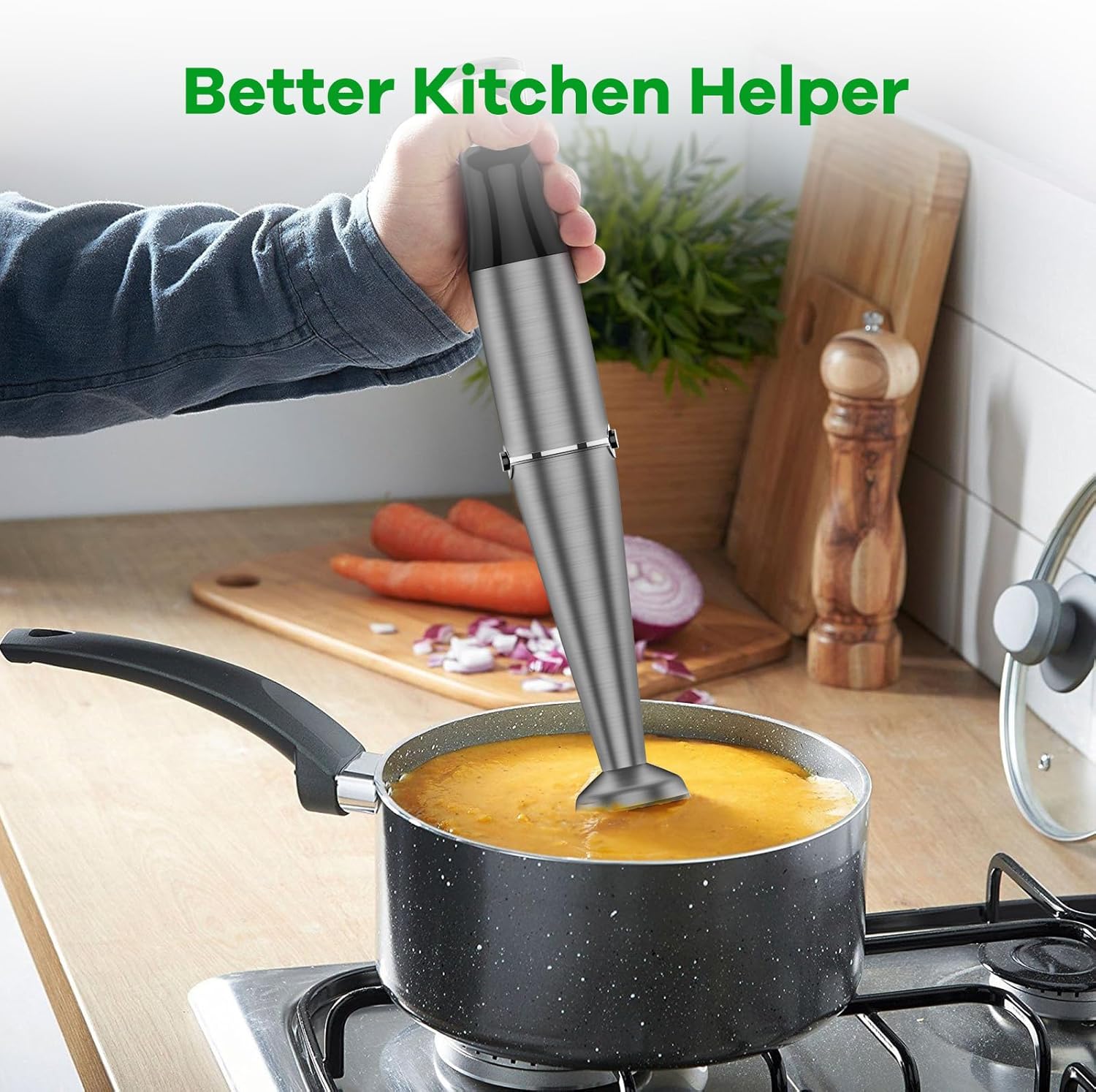 Turelar Immersion Blender - 1100W Handheld Stick Blender Set with Chopper, Whisk & Frother - Black