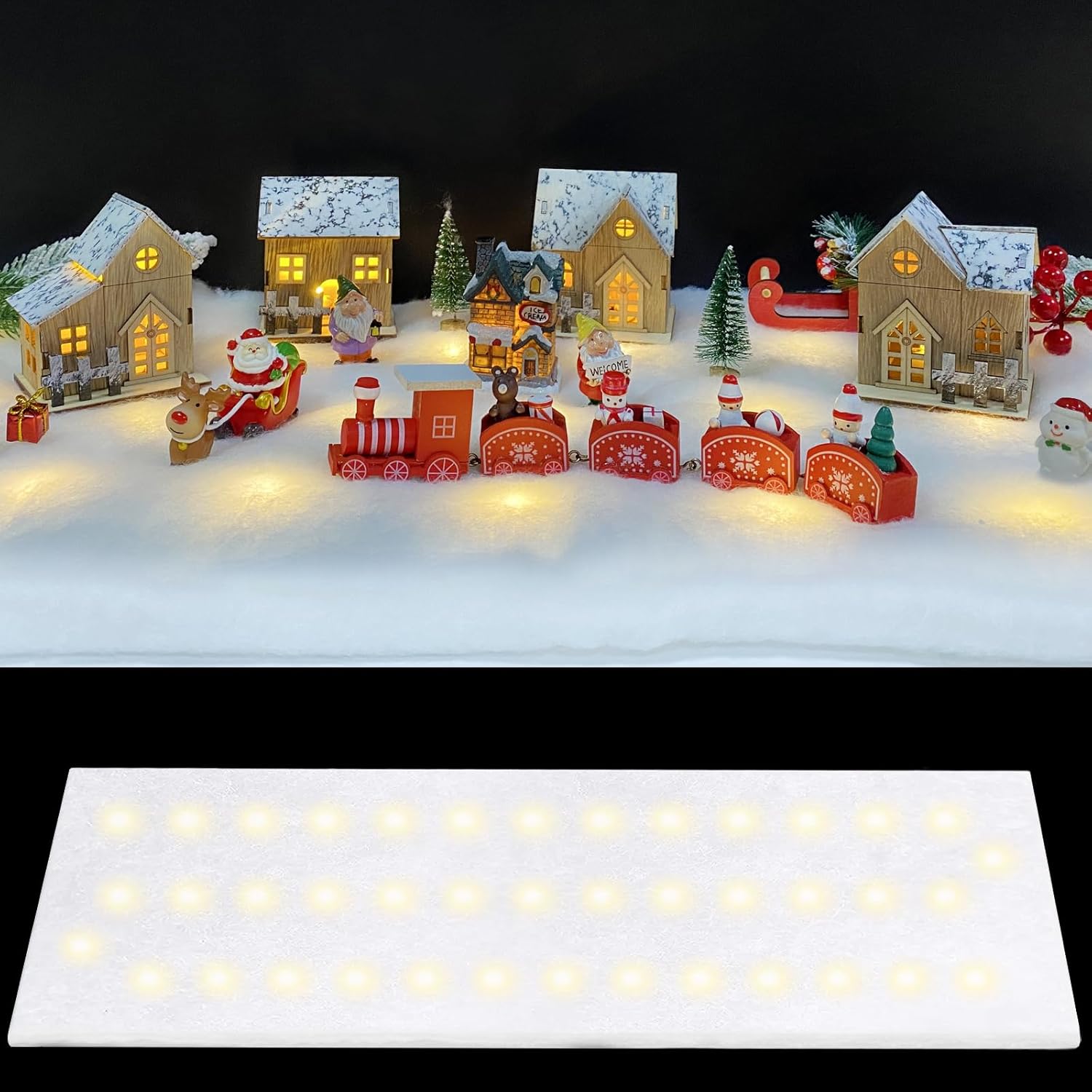Skiennix Christmas Snow Blanket - 1.3x5.25 Ft Faux Snow Roll with 50 LED Lights for Winter Village Display