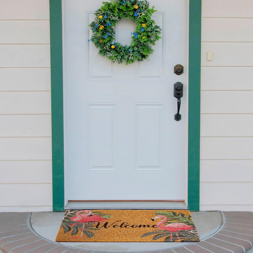 Tinideya Flamingo Welcome Door Mat - Tropical Palm Leaves Design | Non-Slip Rubber, Washable, 17x29 Inch