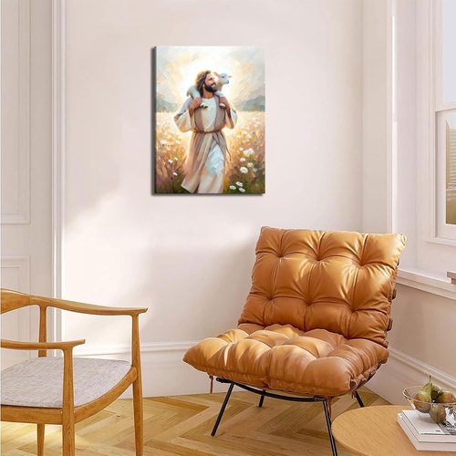 GKQNMU Jesus Carrying The Lamb Canvas Wall Art - Christ The Good Shepherd Decor for Living Room | Ready to Hang