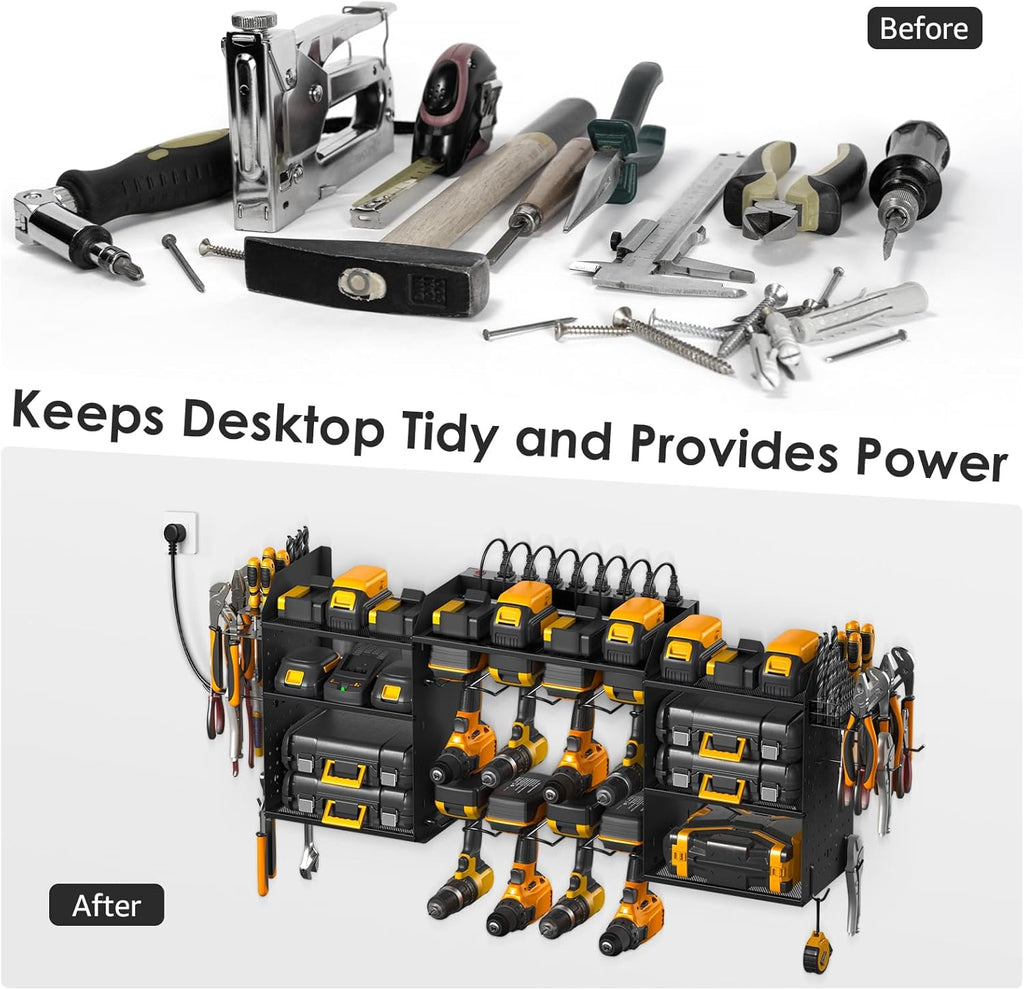 CCCEI Wall Mount Tool Organizer - 39 Inch Power Tool Storage Rack with 6FT Power Strip & 8 Drill Holders