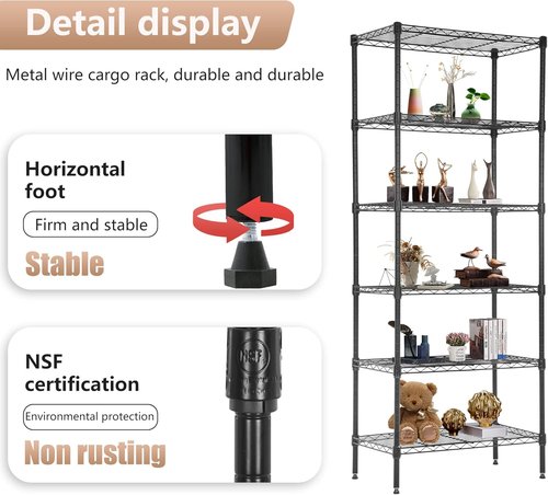 FDW 6-Tier Wire Shelving Unit - Adjustable Metal Storage Rack for Kitchen & Garage | 23"L x 13"W x 59"H - Black
