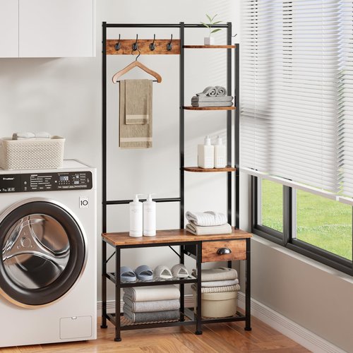 Furologee Coat Rack, Hall Tree with Bench and Shoe Storage, 4 in 1 Entryway Bench, Coat Rack with 3 Shelves and Drawer, Entryway Organizer with 5 Hooks for Hanging, Rustic Brown