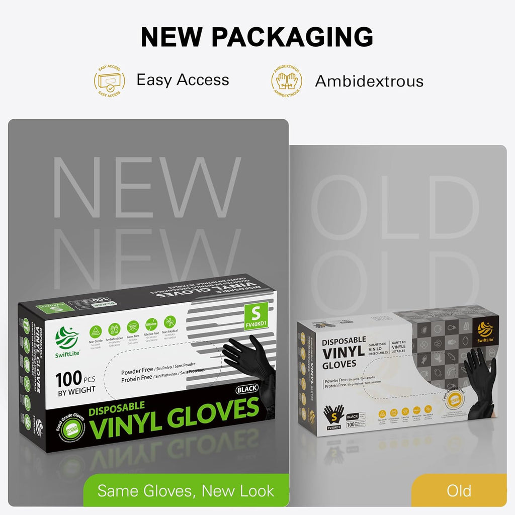 SWIFTLITE Black Vinyl Gloves - Disposable, Latex-Free & Powder-Free for Food Prep & Cleaning
