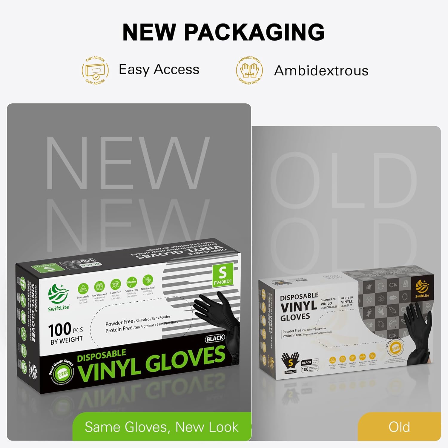 SWIFTLITE Black Vinyl Gloves - Disposable, Latex-Free & Powder-Free for Food Prep & Cleaning