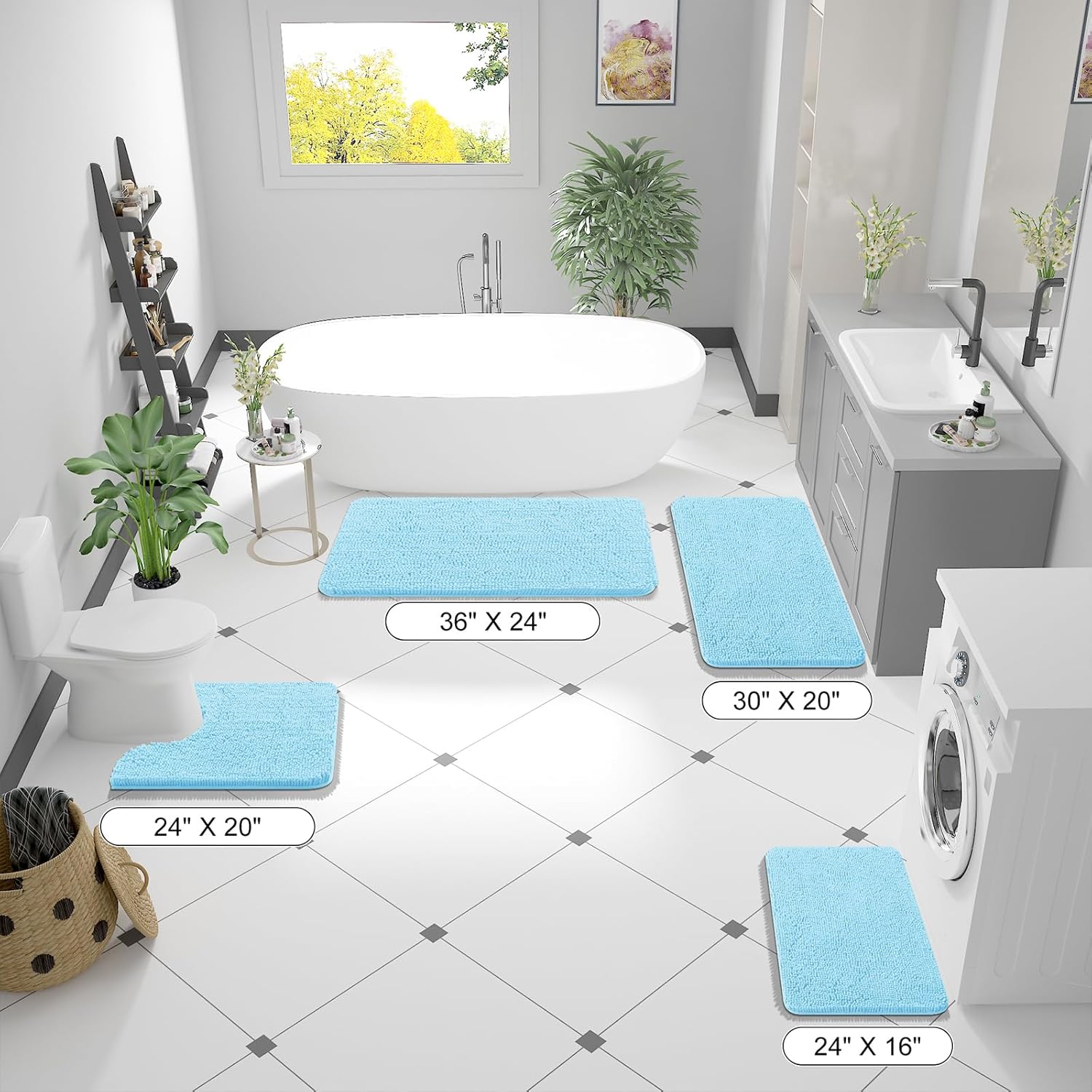 OLANLY Bathroom Runner Rugs - Soft Chenille Bath Mats with Rubber Backing | Quick Dry, 44x24, Sky Blue