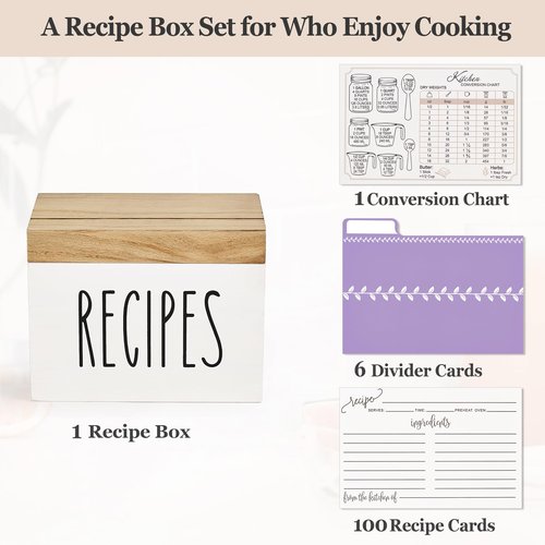 Dahey Wooden Recipe Box White Recipe Organizer with 100 Recipe Cards and 6 Dividers, Recipe Card Holder Box Set with Lid and Slots to Write in Your Own Recipes for Cooking Lover Kitchen, 6.9''x4.3''