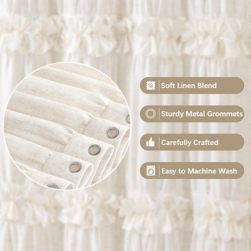 XOGUIBO Ruffle Shower Curtain with Bow Vintage Farmhouse Linen Shower Curtain for Bathroom, Cream, 72" W x 72" H
