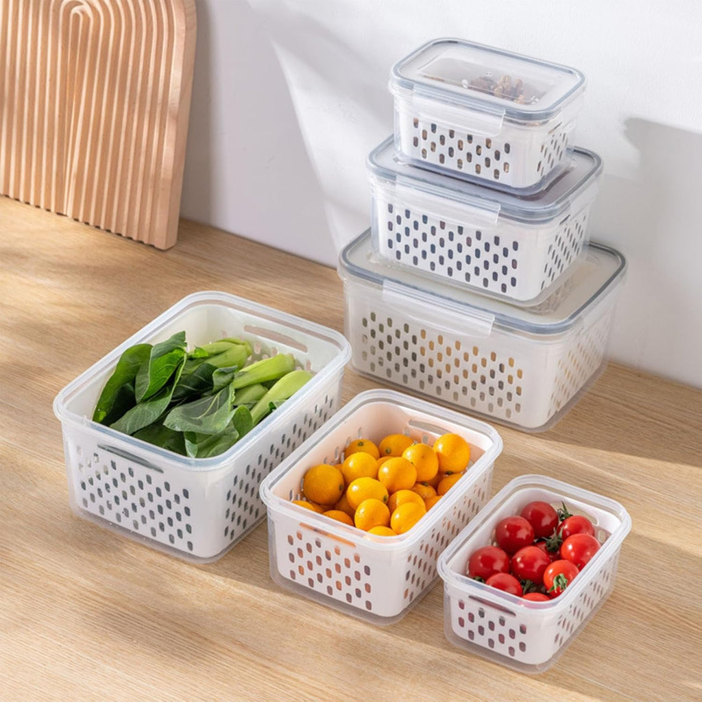 Skiennix Food Storage Containers - 4-in-1 Multipurpose with Removable Colander | Transparent Plastic, Gray (M+L)