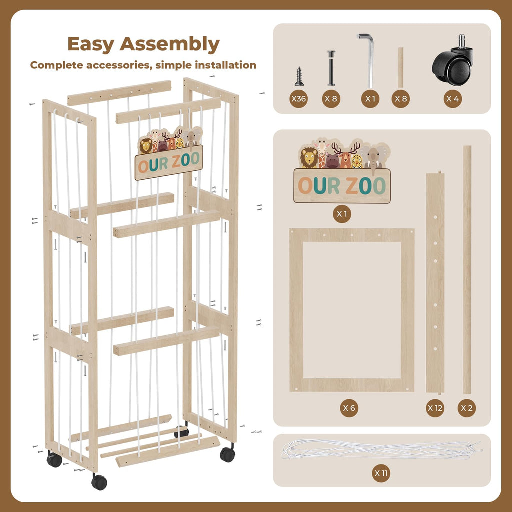 DEMEGA Stuffed Animal Zoo Storage with Wheels, Mobile Wooden Toy Organizer Cage with Elastic Band, Easy Assembly Large Capacity for Nursery Playroom Bedroom