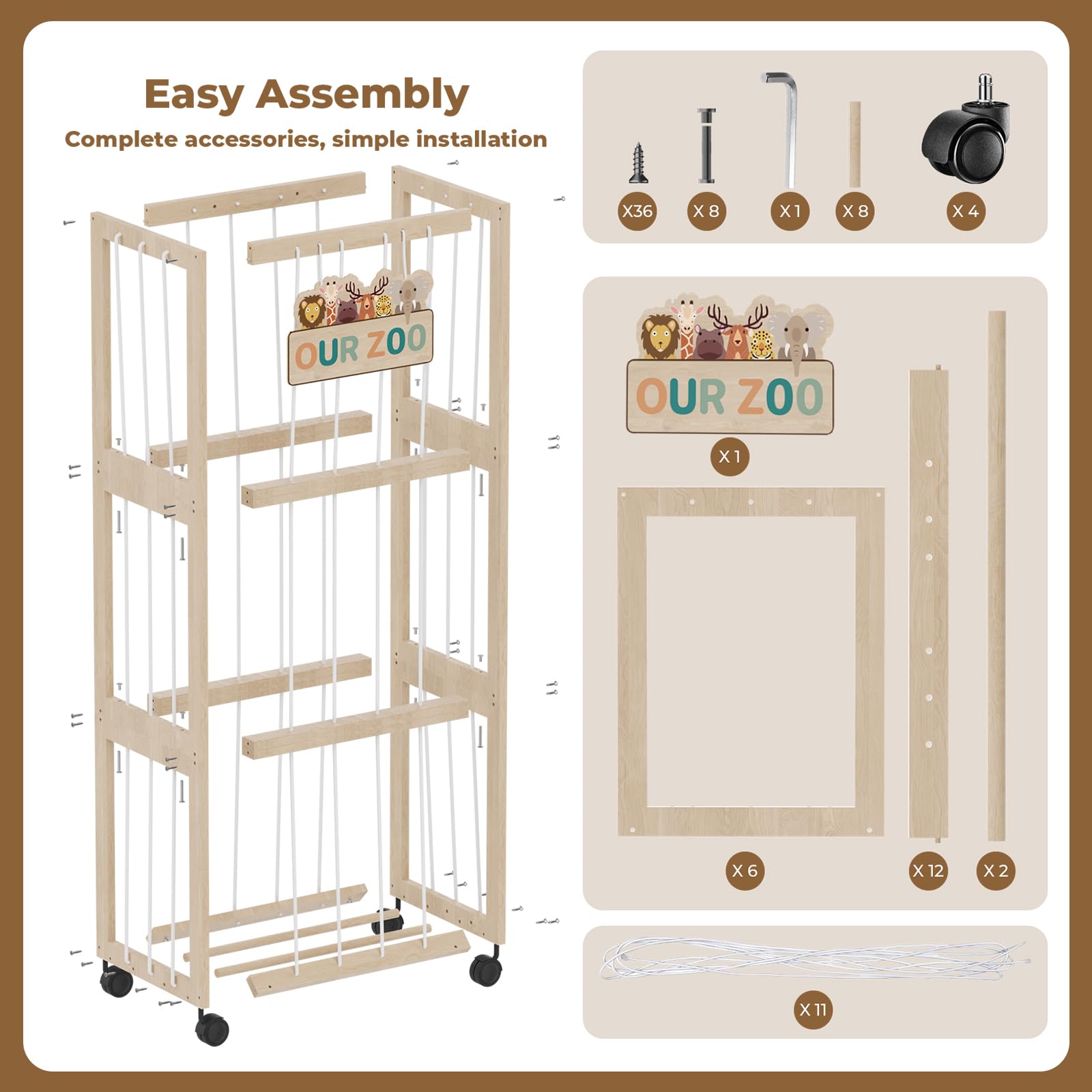 DEMEGA Stuffed Animal Zoo Storage with Wheels, Mobile Wooden Toy Organizer Cage with Elastic Band, Easy Assembly Large Capacity for Nursery Playroom Bedroom