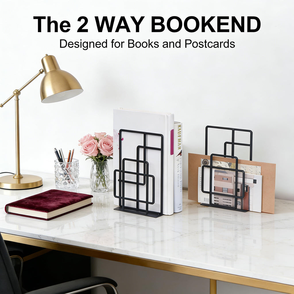 SRIWATANA Book Ends Heavy Duty, Decorative Black Bookends for Shelves, Window Lattice Design