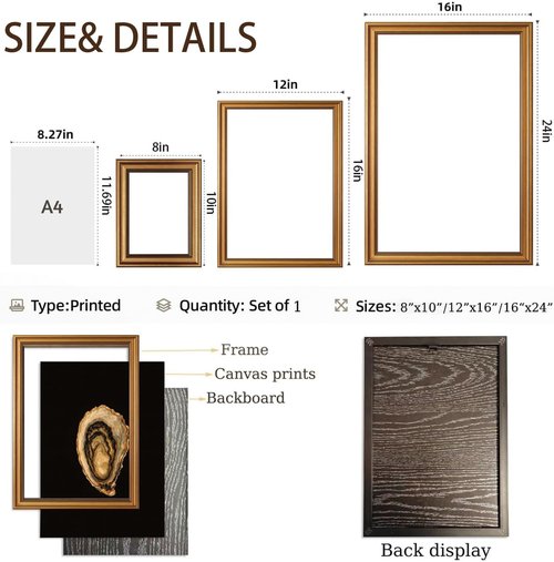 Gold Framed Wall Art | Vintage Coastal Oyster Canvas Prints for Dining Room - 8x10in