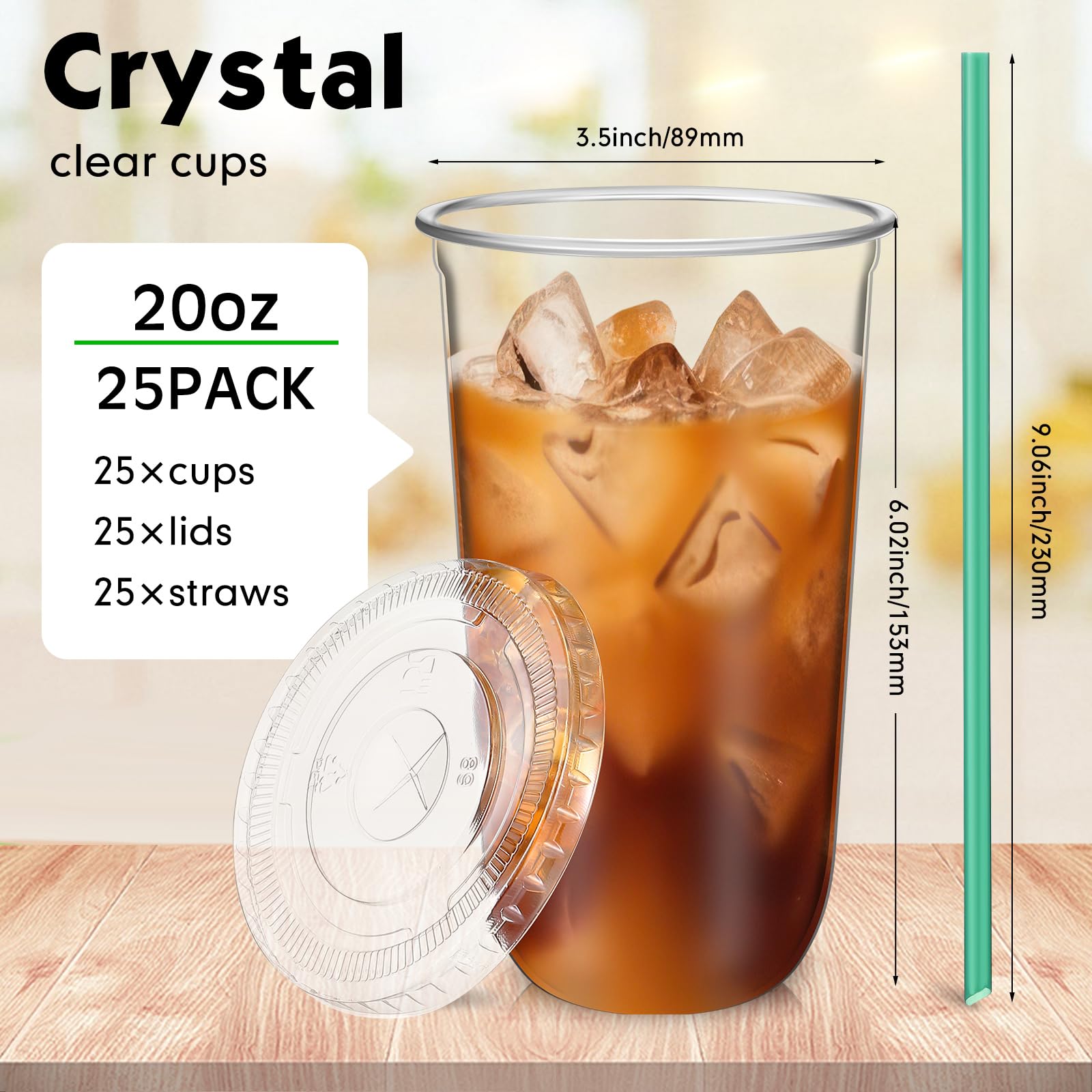 Baderke 25 Set Plastic Cups with Lids and Straws, Disposable Plastic Iced Coffee Cup for Cold Beverage Juice Smoothie Crystal for Coffee Shops Party Catering(Clear,20 oz)