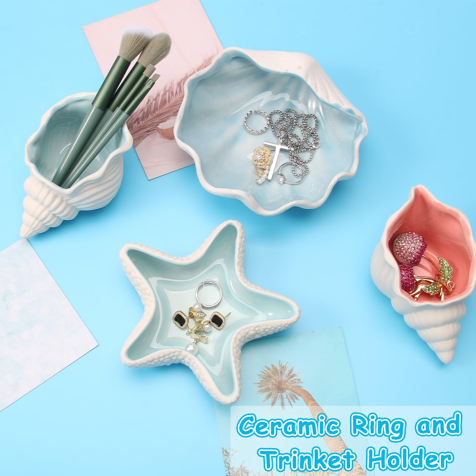 Jewelry Dish Tray For Coastal Beach Room Decor,Cute Ceramic Ring Holder Gift For Women Sister Mom Friend ,Decorative Trinket Jewelry Organizer Tray For Rings Earrings Necklaces ets (Blue starfish)