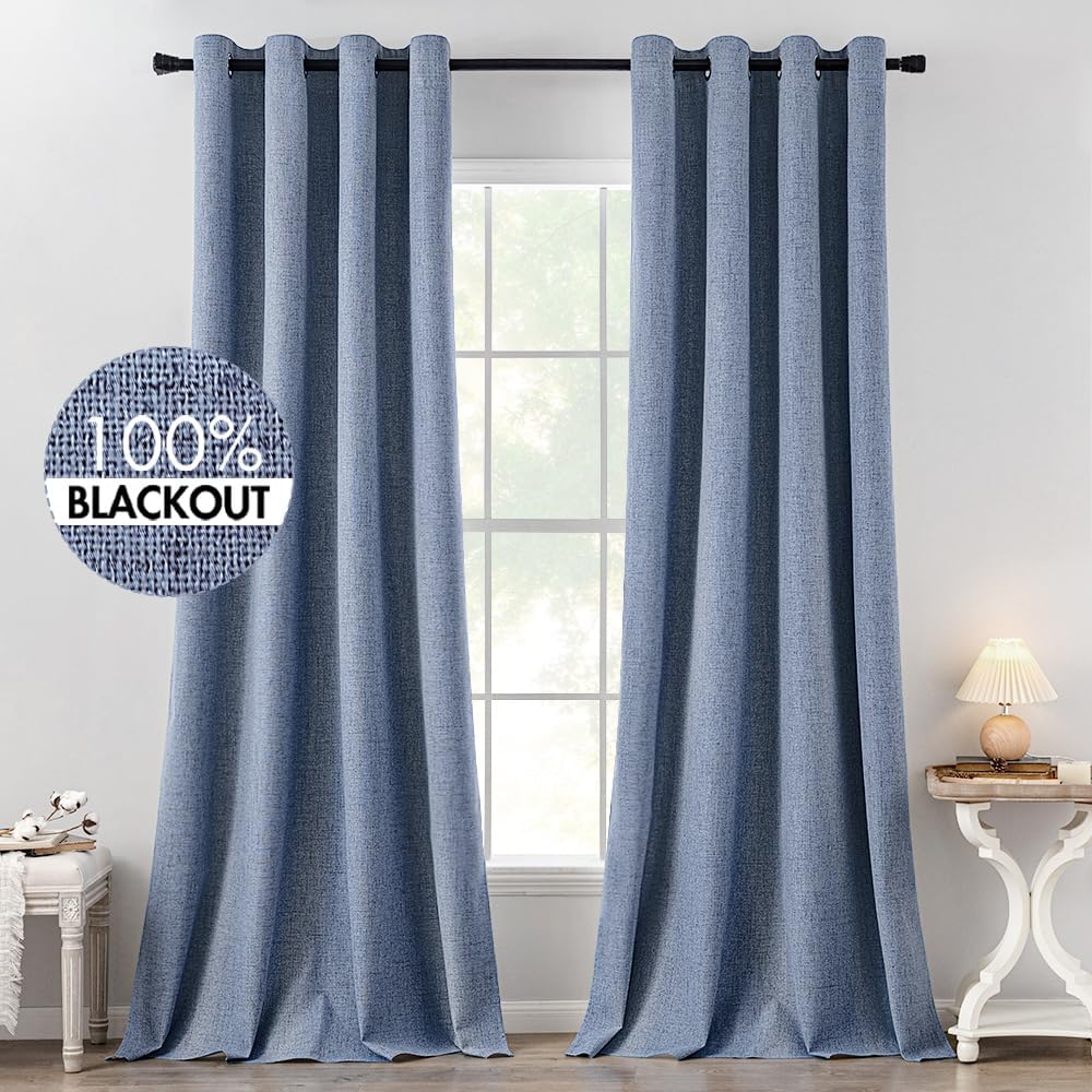 MIULEE Blackout Curtains - 100% Thermal Insulated Linen Texture - Stone Blue, 52x120 Inch (2 Panels)