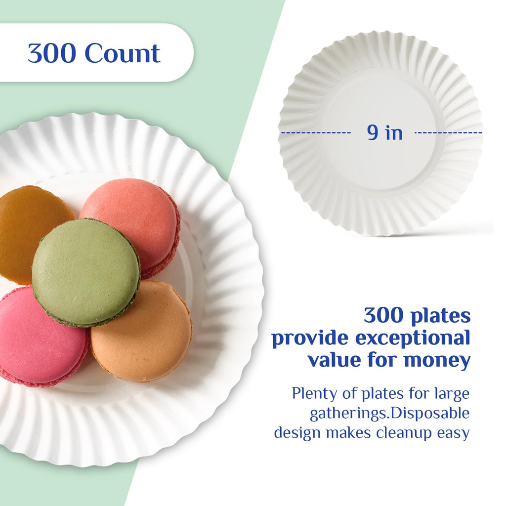 MUCHII 300 Count 9 Inch Paper Plates, Disposable Dinner Plates Bulk, White Plate Uncoated for Parties, Catering, Picnics, and DIY