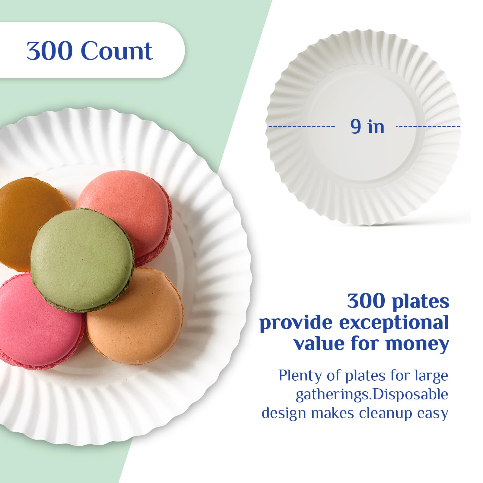 MUCHII 300 Count 9 Inch Paper Plates, Disposable Dinner Plates Bulk, White Plate Uncoated for Parties, Catering, Picnics, and DIY