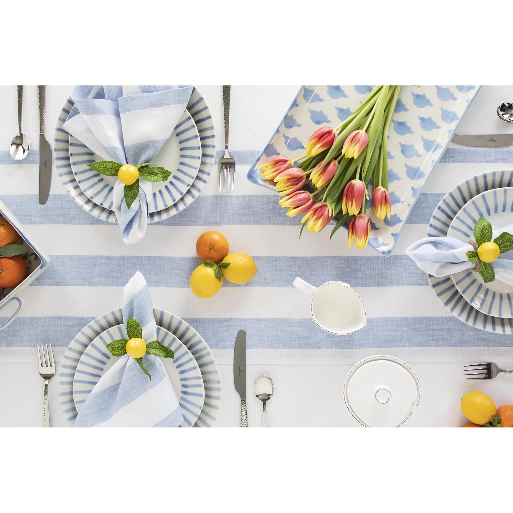 Solino Home Linen Table Runner 108 Inches Long - Cabana Stripe, 100% Pure Linen Sky Blue and White Table Runner 14 x 108 Inch for Dining, Spring, Summer, Mothers Day