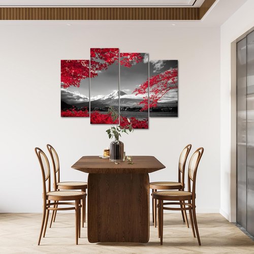 Fochorlo Canvas Wall Art Set - Large 4-Piece Japan Fuji Mountain Prints with Maple Leaves | Modern Red Decor for Bedroom & Office