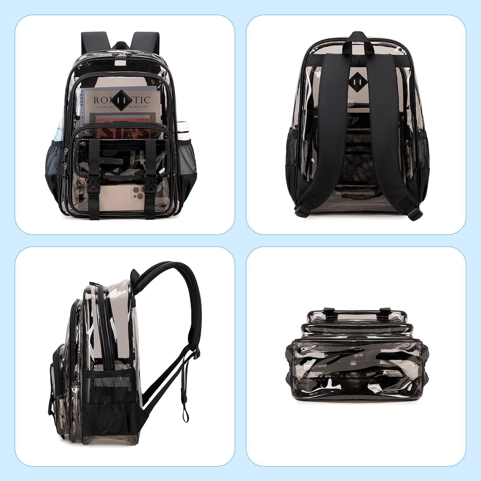QIXIHU Large Clear Backpacks for School Heavy Duty Transparent Backpack for Stadium Event See through Bookbag for Kids Adult Thick PVC Back Pack, Semi-Black