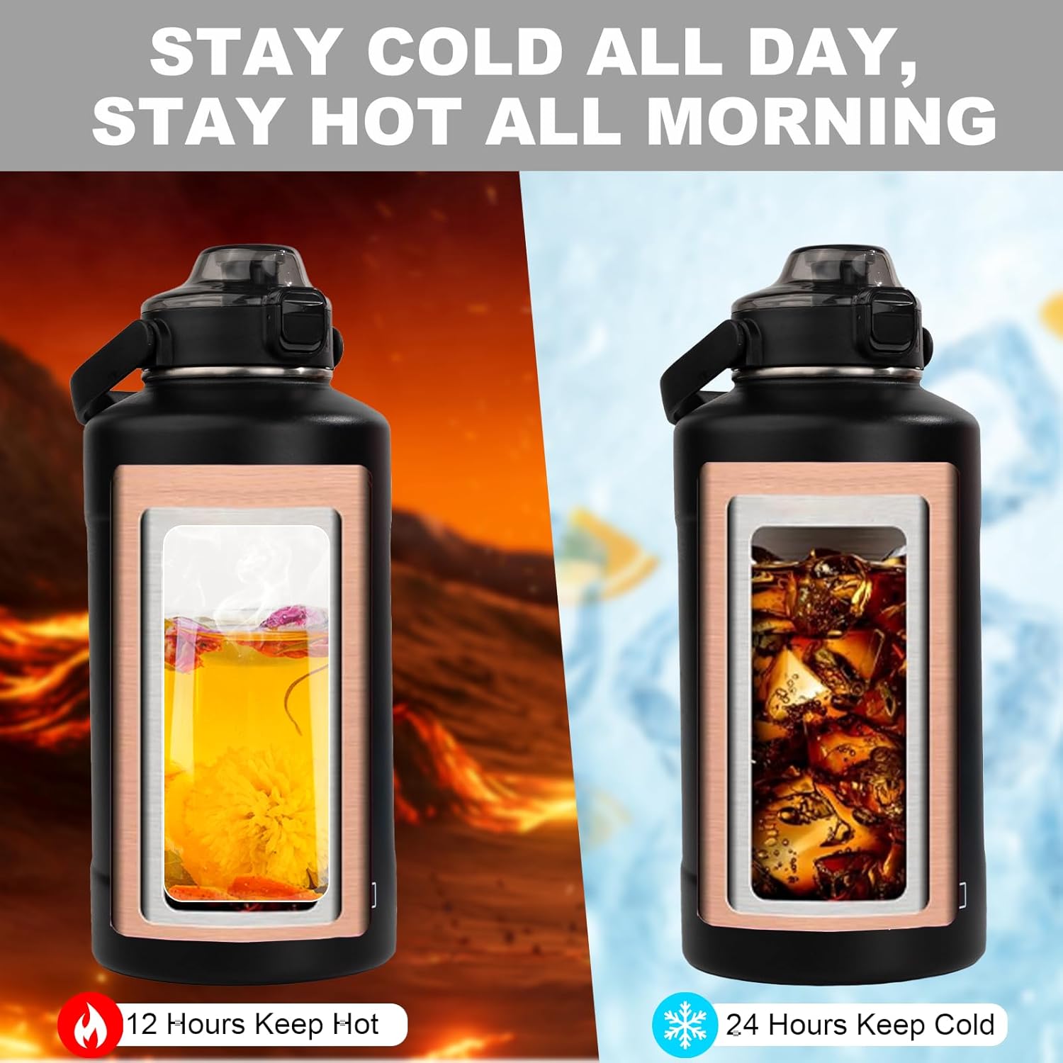 Skiennix 64oz Half Gallon Insulated Stainless Steel Water Bottle - 48H Cold & 24H Hot, Black