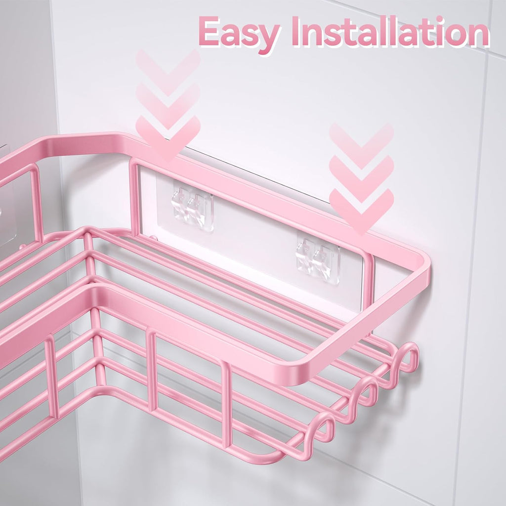 YASONIC Corner Shower Caddy - Rustproof Stainless Steel Bathroom Organizer | No Drilling, 3-Pack, Pink