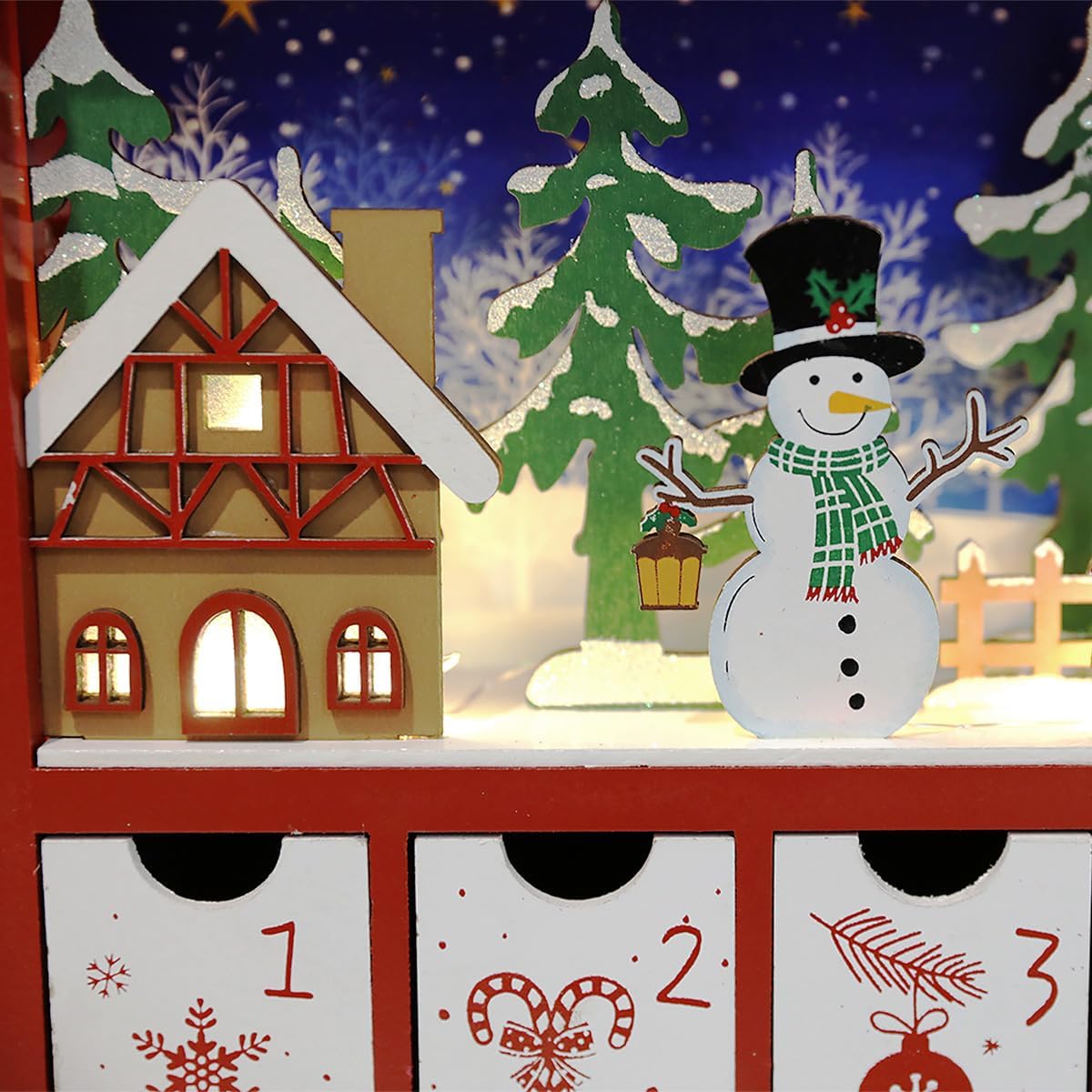 Skiennix Christmas Wooden Advent Calendar - LED Lighting, Red Snowman & Santa Design, 24 Drawers for Holiday Countdown