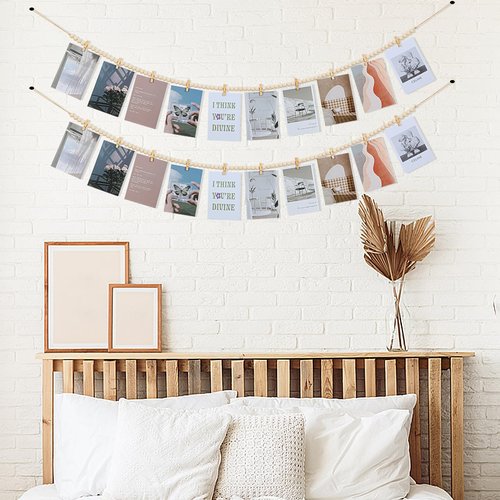 KLOGTSIND 2Pcs Hanging Photo Display with Clips, Boho Wooden Bead Garland Collage Picture Frame Wall Decor, Photo String with 10 Clips for Bedroom Room Dorm Cubicle Decor, Christmas Teen Girls Gifts