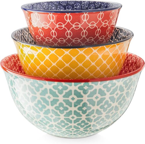DOWAN Ceramic Mixing Bowls - Colorful Nesting Bowls for Cooking & Baking | Set of 3 (3.7/2/1 Qt)