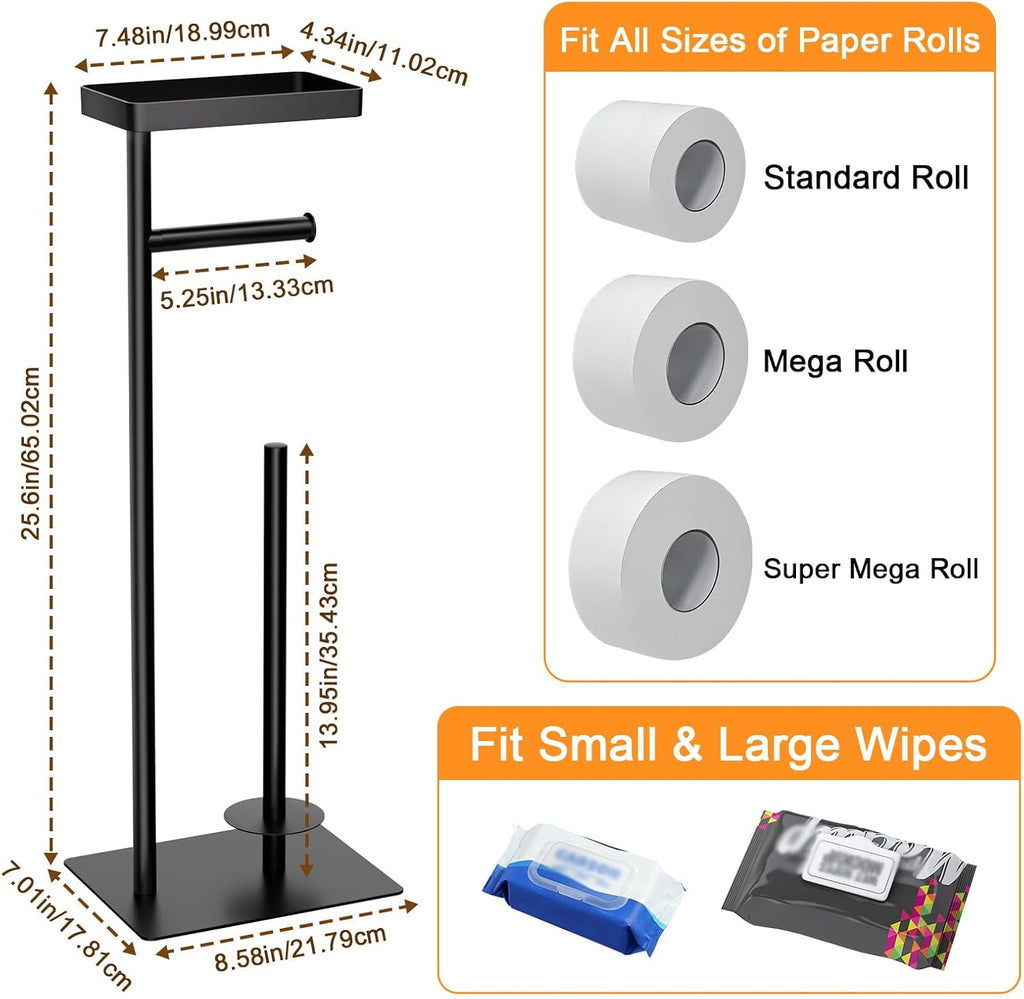 Skiennix Freestanding Toilet Paper Holder - Rustproof Metal Stand with Weighted Base | Fits 4 Rolls & Shelf for Phone