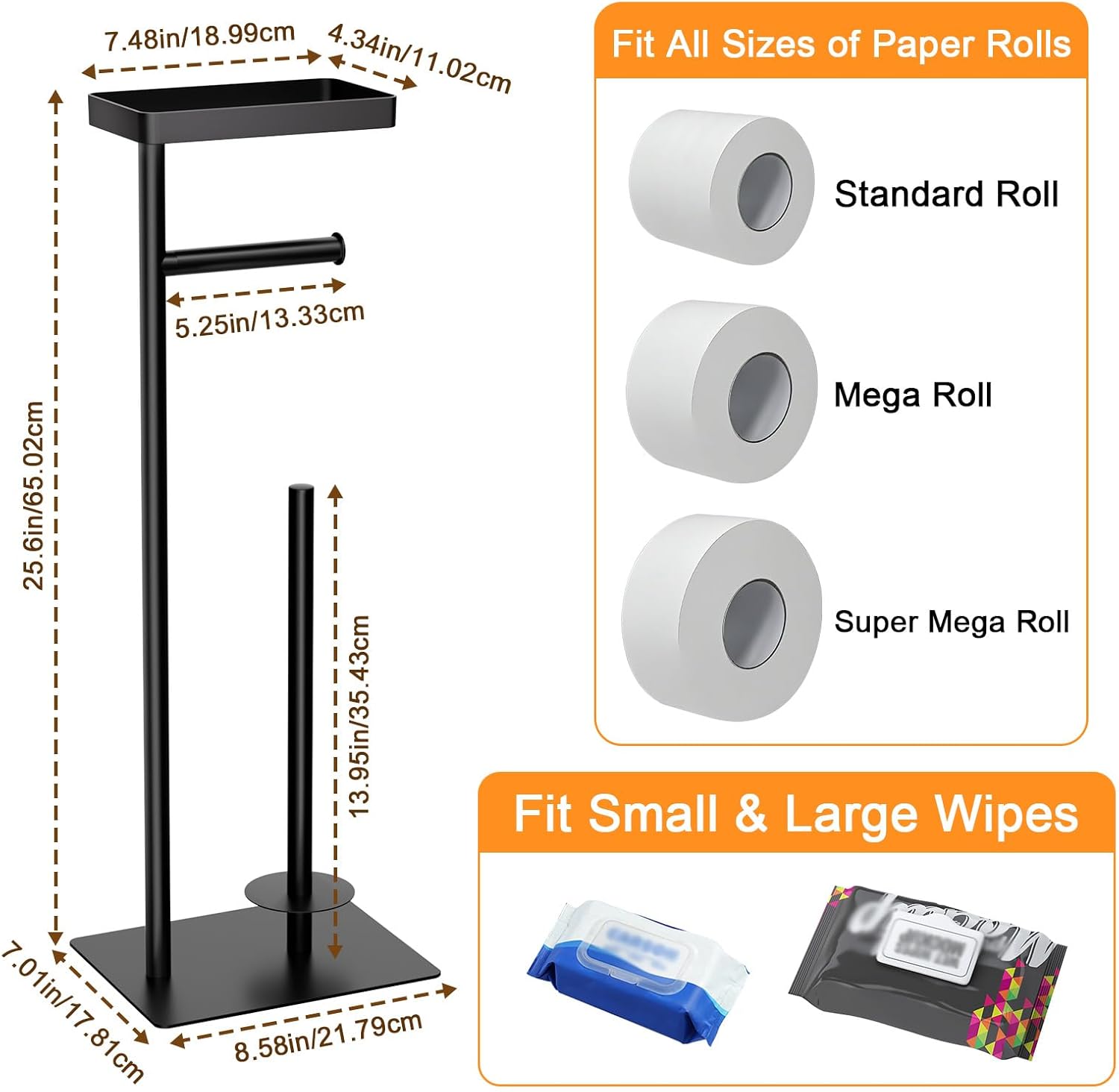 Skiennix Freestanding Toilet Paper Holder - Rustproof Metal Stand with Weighted Base | Fits 4 Rolls & Shelf for Phone