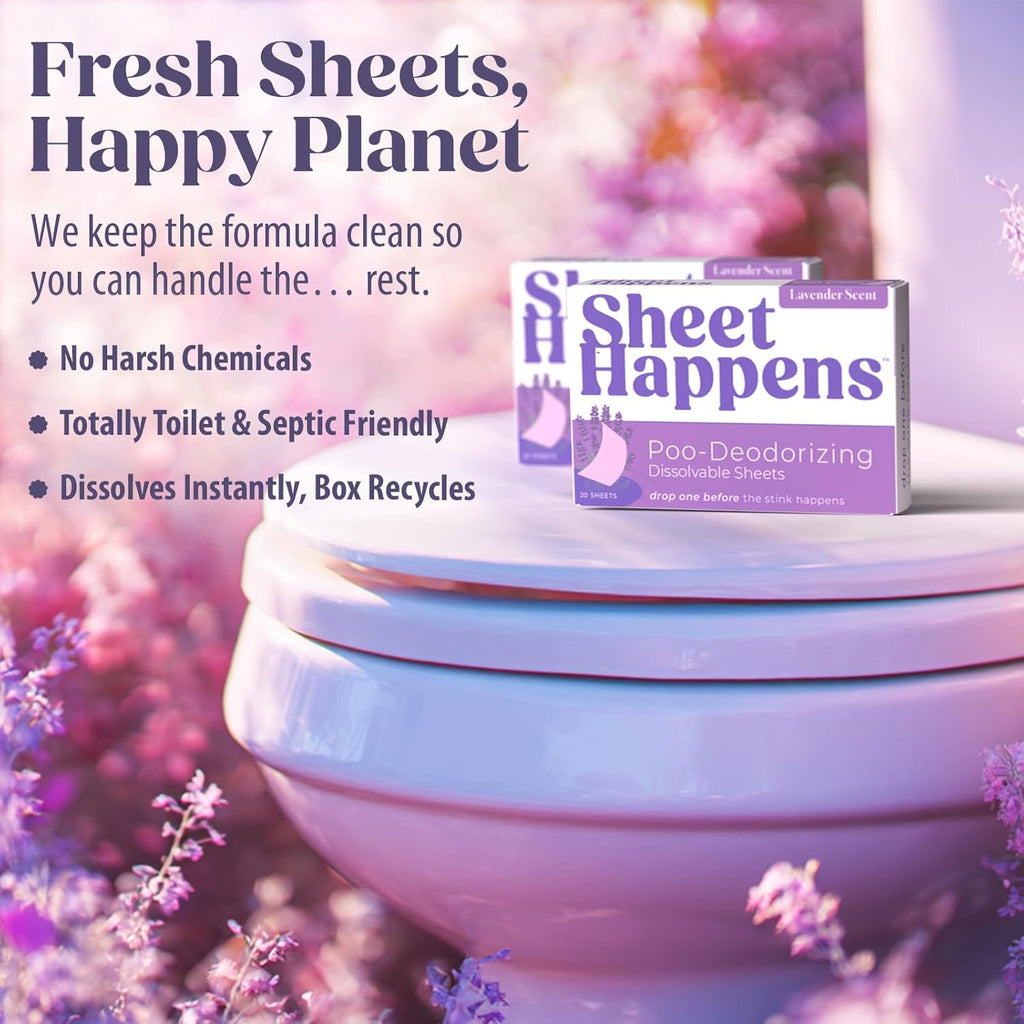 Sheet Happens Pre-Poo Toilet Sheets - Lavender Field Scent | 40 Dissolvable Odor-Stopping Sheets, Septic Safe