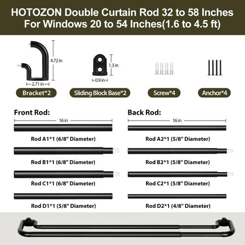 Double Curtain Rods 32 to 58 Inches, HOTOZON Blackout Double Curtain Rods for Windows 20 to 54 Inches (1.6-4.5 ft), 6/8 Inches Wrap Around Room Darkening Telescoping Drapery Rod, Black