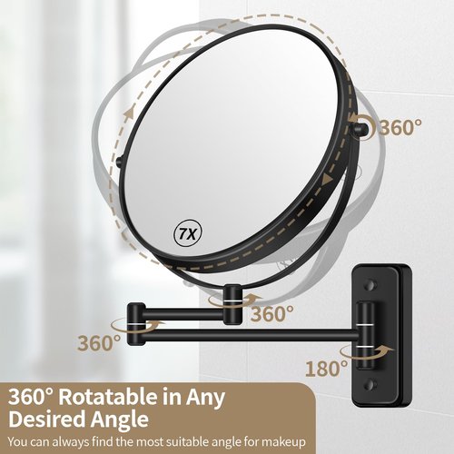 BTremary 8” Wall Mounted Magnifying Makeup Mirror 1X/7X Wall Mount Mirror Swing Arm Two-Sided 360° Swivel Bathroom Shaving Mirror for Men and Women in Hotel/Home, Black