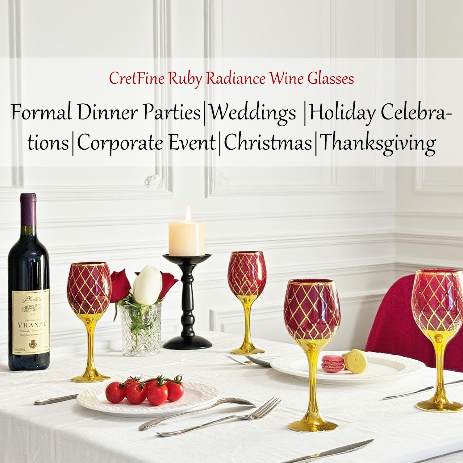 CretFine Red and Gold Wine Glasses Set of 6, Colored Stemmed and Rimmed Decorative Fancy Drinking Glass, for Gifts, Wedding, Thanksgiving, Birthday, Christmas Goblets Glassware Drinkware, 12oz