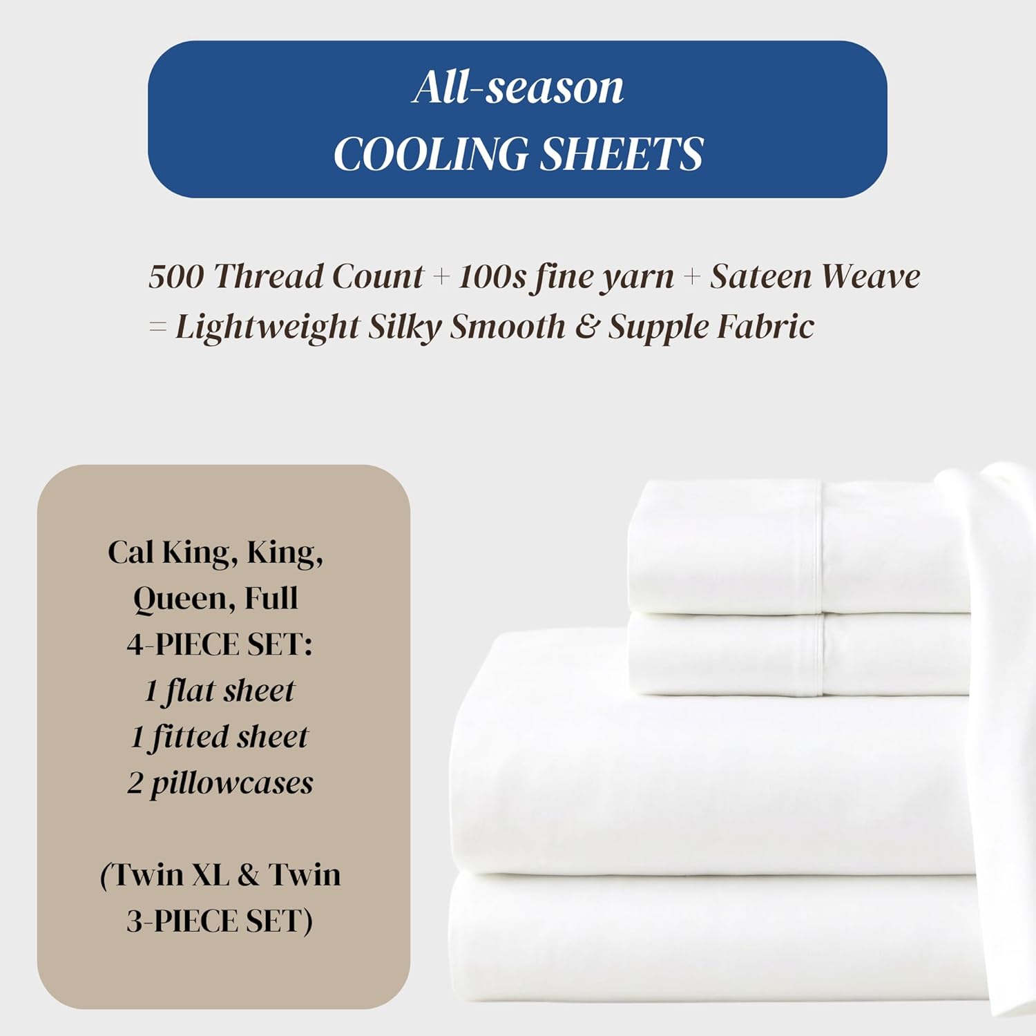 Beckham Hotel Collection King Size Sheet Set - 100% Cotton Sateen, Silky Smooth, 4-Piece, White