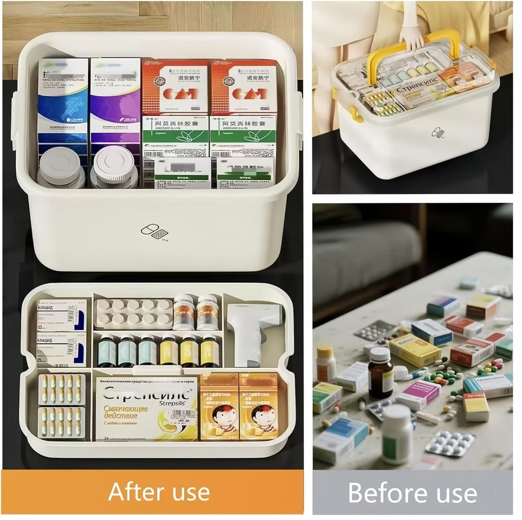 Plastic Medicine Storage Organizer - Multipurpose First Aid Box with Removable Tray | Large Size for Home, Office & Travel