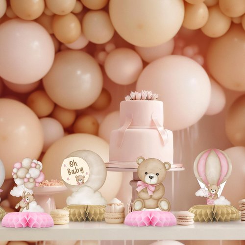 Pink Bear Party Centerpiece Set - Girl Teddy Bear Honeycomb Birthday Decorations and Bear Table Toppers for Kids' Bear-Themed Birthday and Baby Shower Table Decor
