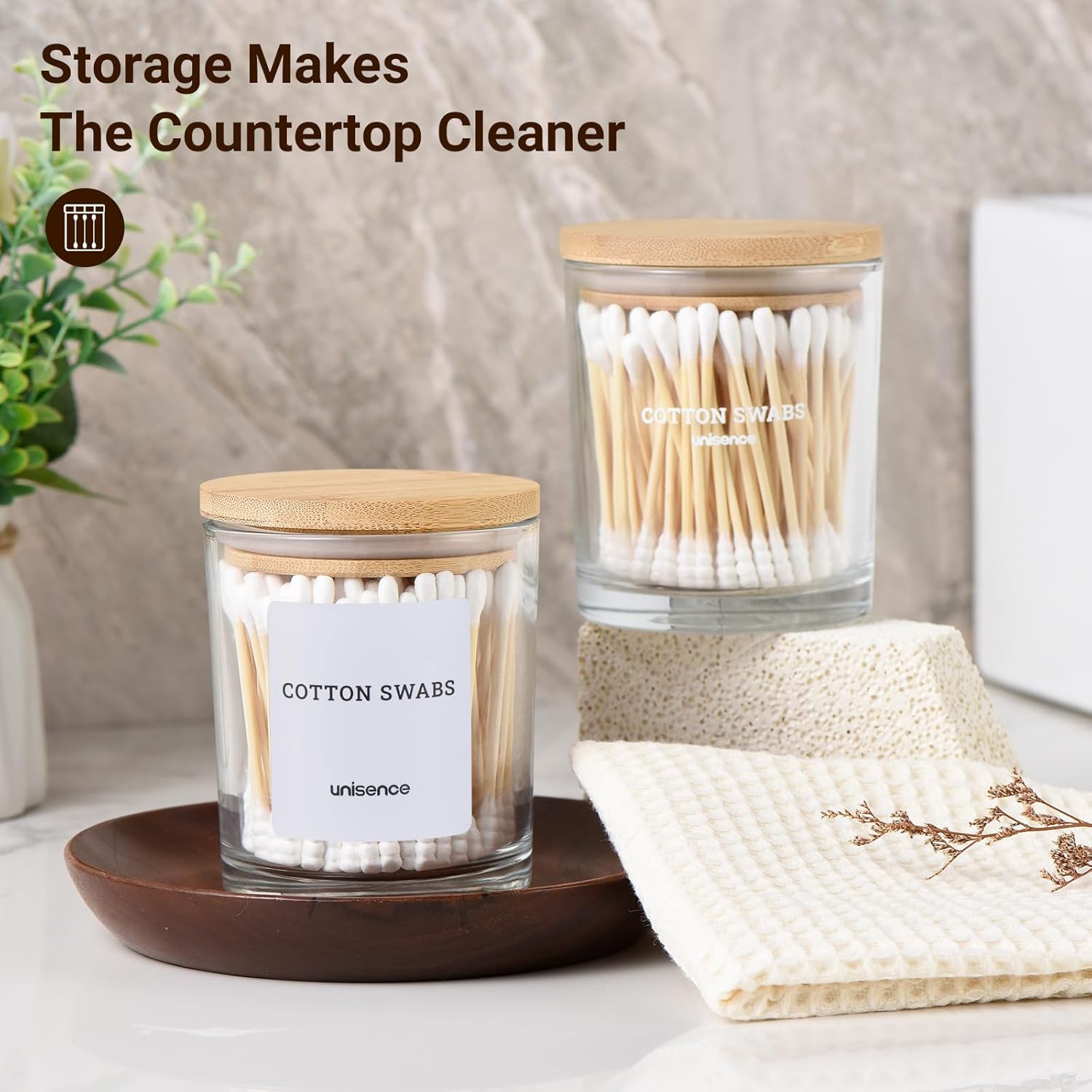 Skiennix Glass Qtip Holder Set - 2 Pack Bathroom Organizer with Lid for Cotton Swabs & Makeup Storage