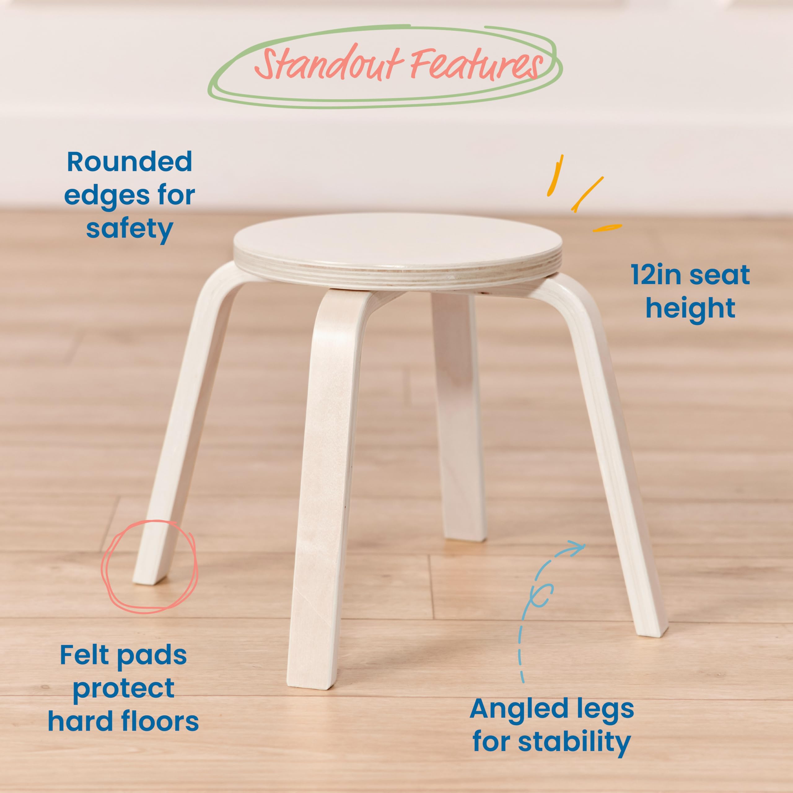 ECR4Kids Bentwood Stackable Stools, 12in Seat Height, Classroom Furniture, White Wash, 6-Piece